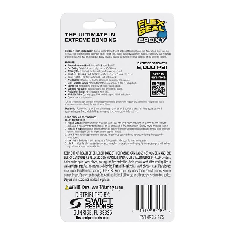 Flex Seal إيبوكسي، سائل شديد، متعدد الأغراض، متين، دائم، محكم ضد الماء، رابطة طويلة الأمد، للاستخدام في السيارات، البحرية، السباكة، المنزل، وإصلاح الأدوات، يجف باللون الأسود، 2 أنبوب: 0.5 أونصة سائلة (14 مل) لكل منهما - Image 2